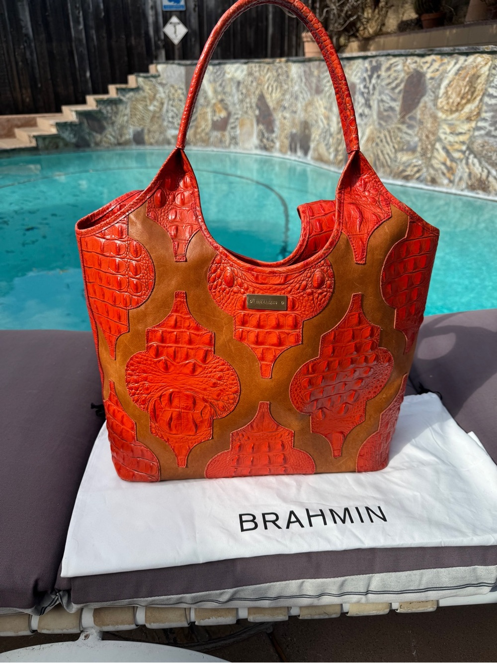 Brahmin Burnt Orange Croc Embossed Leather Extra Large Shopper Tote Bag w/Duster - Picture 3 of 16